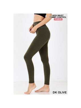HIGH Yoga Waist Tummy Control Fleece lined Solid Green Leggings Size 10 NWT